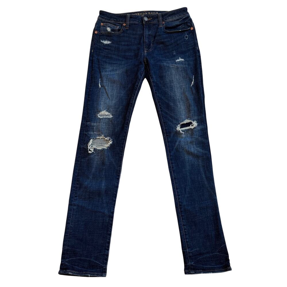 American Eagle Jeans Mens 32x34 Blue Slim Stretch Ripped Thrashed Grunge Casual